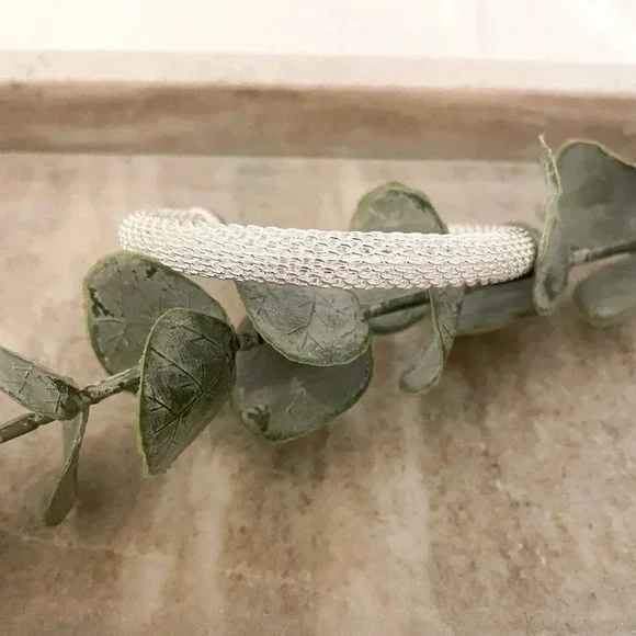 925 Sterling Silver Woven Mesh Cuff Bracelet Silver Bangle Bracelet - Picture 3 of 5